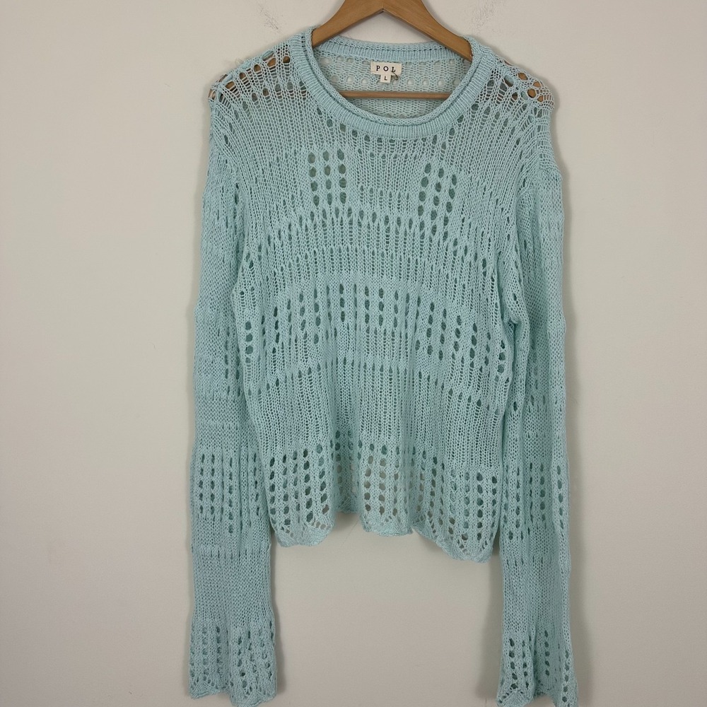 POL Crochet Sweater Light Blue Soft Open Knit Bell Sleeve Coastal Pullover L